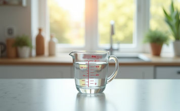 Verre mesureur d'eau de 400 ml sur plan de cuisine lumineux
