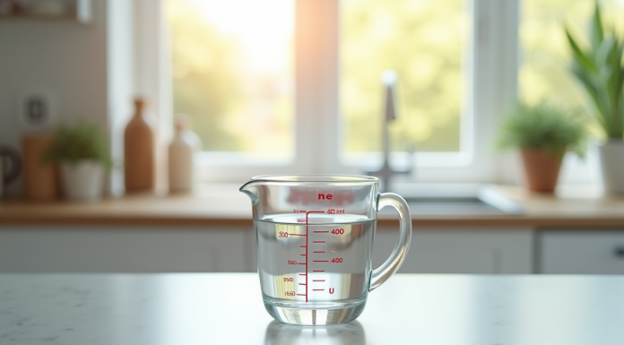 Verre mesureur d'eau de 400 ml sur plan de cuisine lumineux