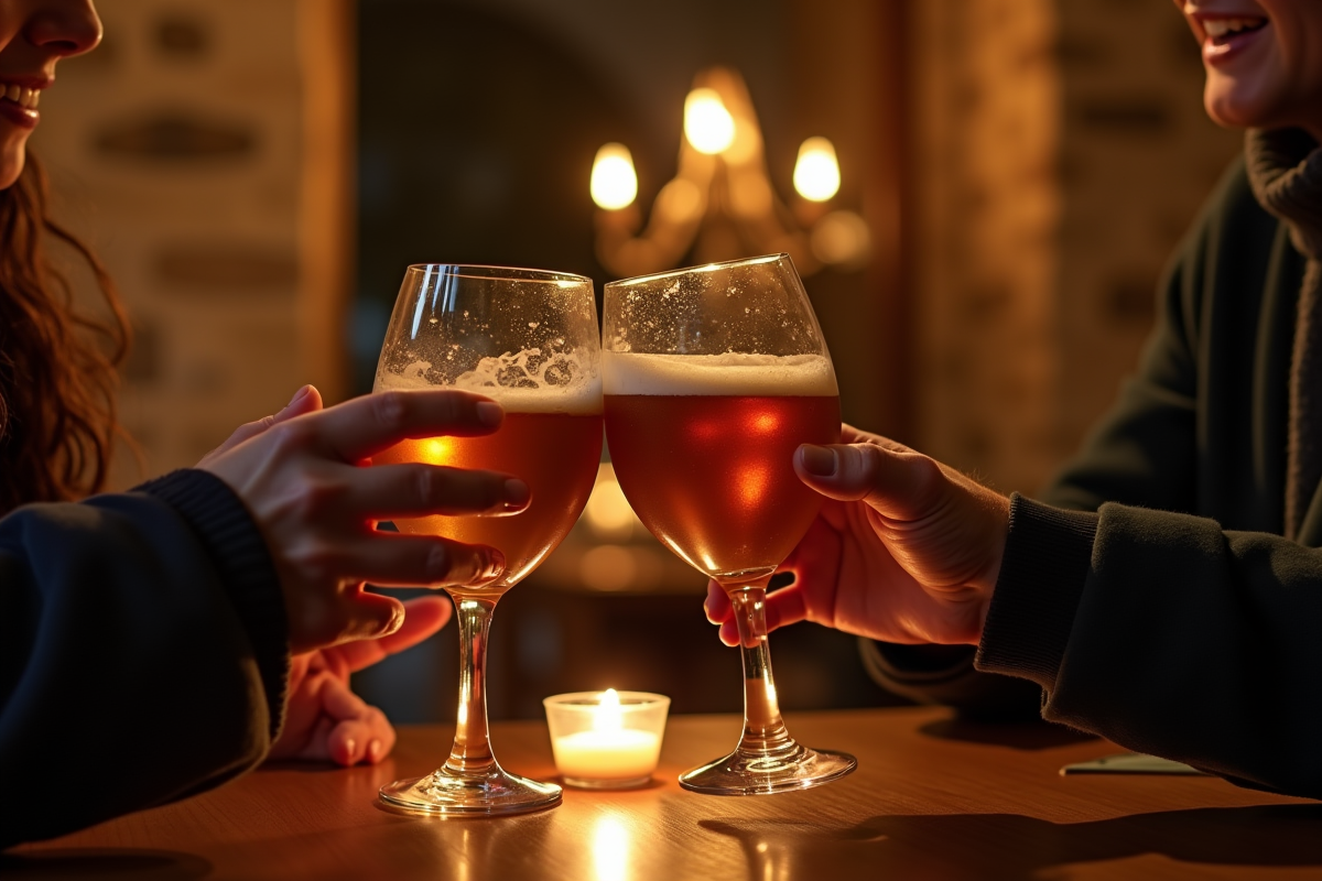 Couple trinquant avec des verres de cidre dans un restaurant breton chaleureux