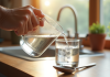 Main versant de l'eau dans un verre mesureur sur plan de cuisine