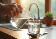 Main versant de l'eau dans un verre mesureur sur plan de cuisine