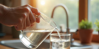 Main versant de l'eau dans un verre mesureur sur plan de cuisine