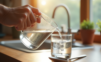 Main versant de l'eau dans un verre mesureur sur plan de cuisine