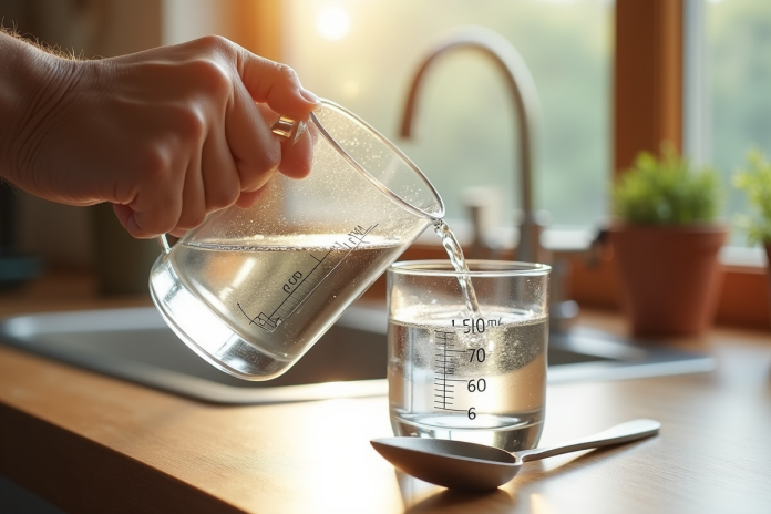 Main versant de l'eau dans un verre mesureur sur plan de cuisine