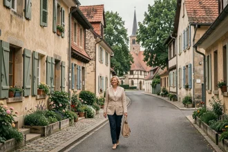 Rue résidentielle calme de Sarralbe avec maisons traditionnelles alsaciennes et femme se promenant sur le trottoir