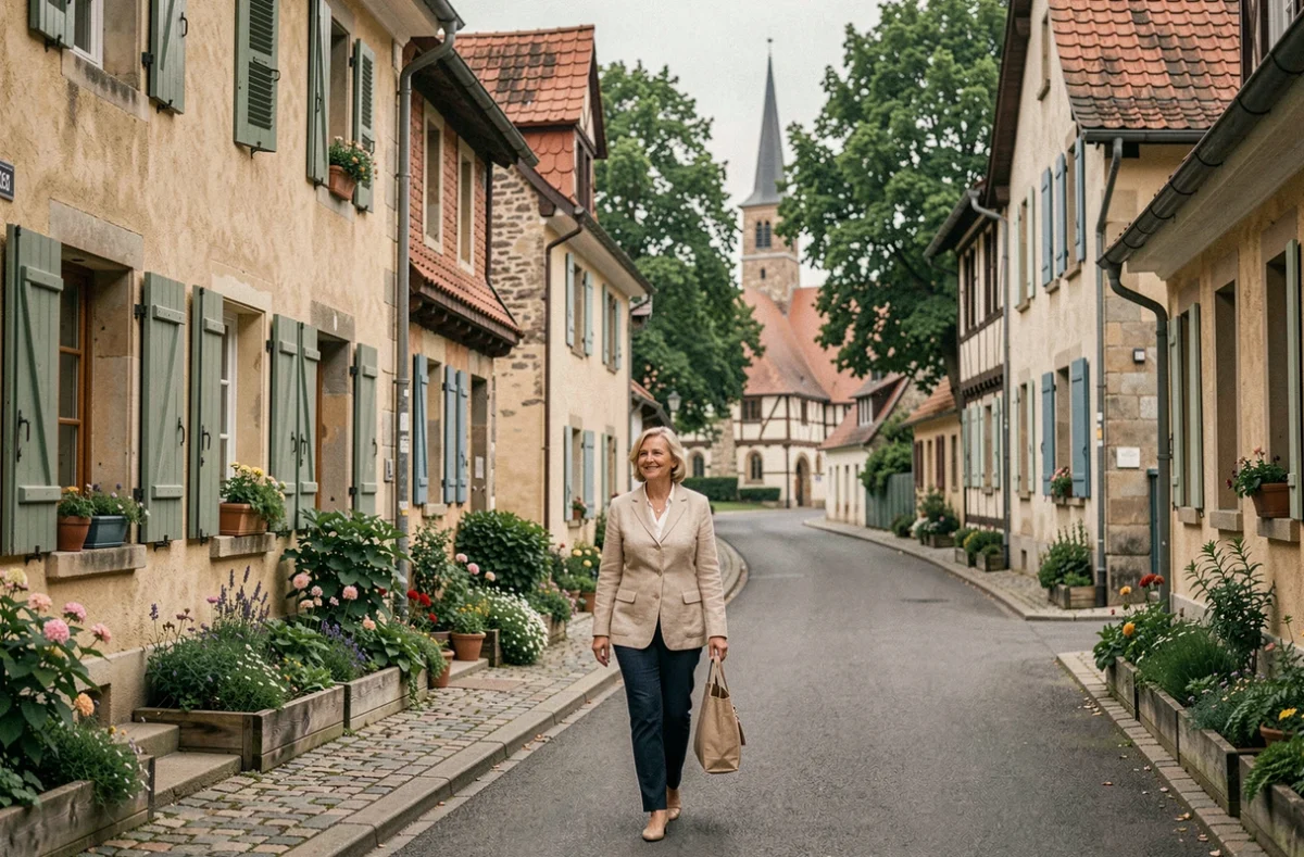 Rue résidentielle calme de Sarralbe avec maisons traditionnelles alsaciennes et femme se promenant sur le trottoir