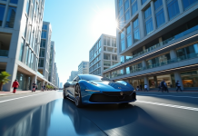 Voiture électrique futuriste sur une rue urbaine ensoleillée