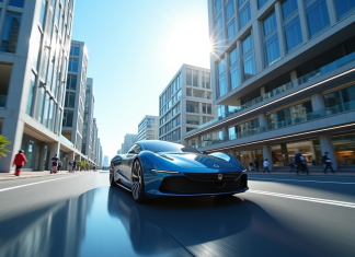 Voiture électrique futuriste sur une rue urbaine ensoleillée