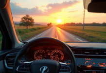 Voiture hybride moderne sur route rurale au lever du soleil
