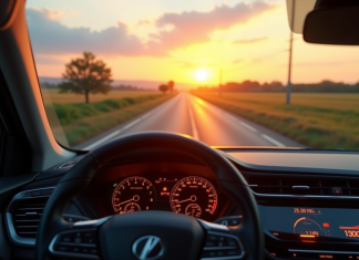 Voiture hybride moderne sur route rurale au lever du soleil