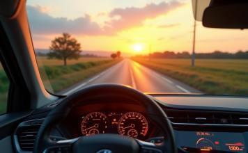 Voiture hybride moderne sur route rurale au lever du soleil