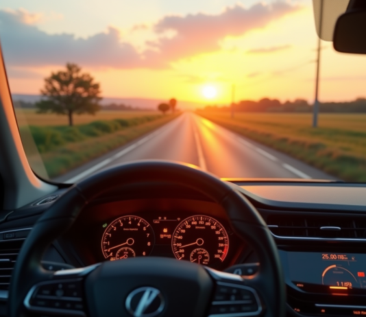 Voiture hybride moderne sur route rurale au lever du soleil