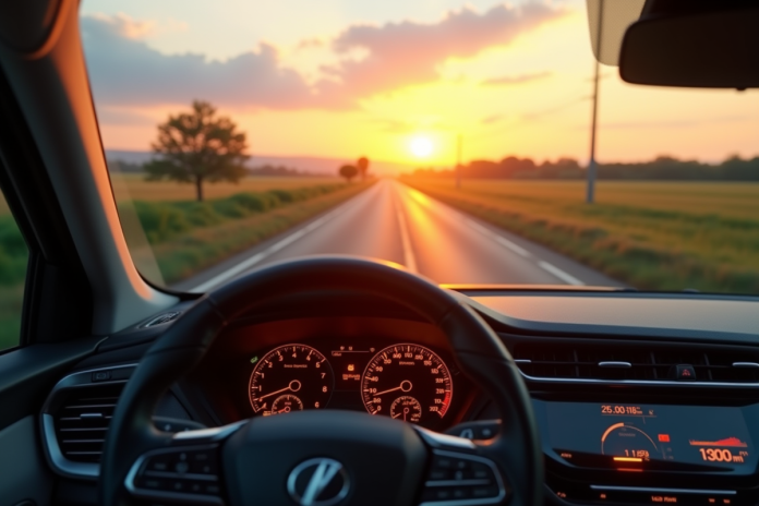 Voiture hybride moderne sur route rurale au lever du soleil
