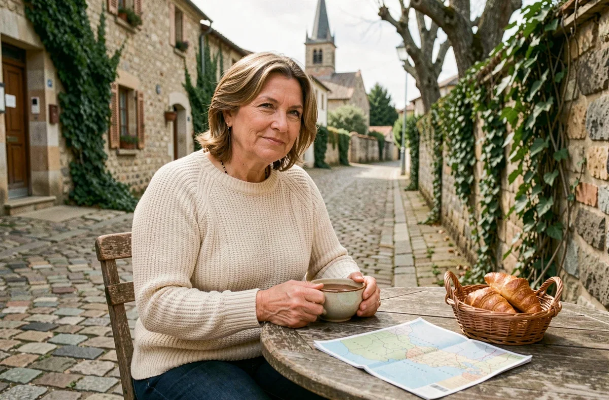 Femme savourant un café en terrasse dans un village pittoresque lors d'un séjour à Bésigny