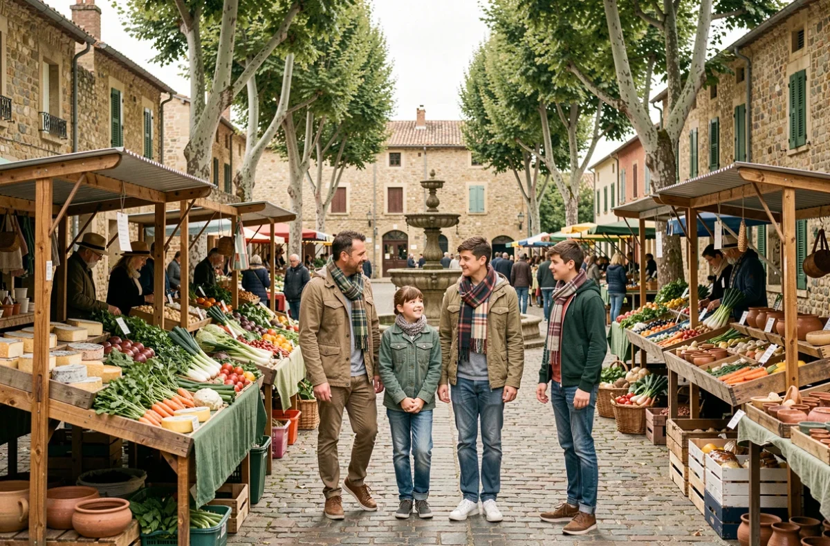 Famille découvrant le marché artisanal d'un bourg rural lors d'un week-end à Bésigny en 2026