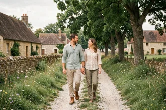 Couple se promenant dans un village de campagne française lors d'un week-end au vert à Bésigny