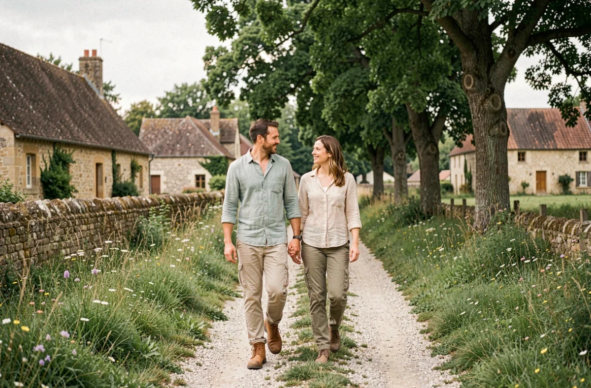 Couple se promenant dans un village de campagne française lors d'un week-end au vert à Bésigny